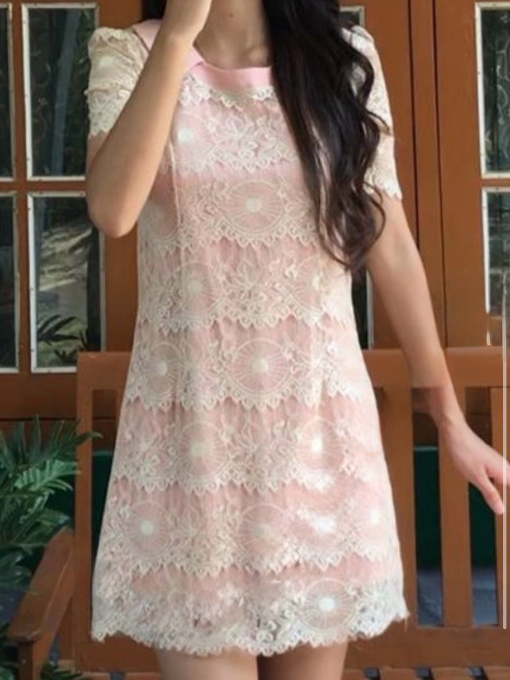 Pink Lace Overlay Mini Dress with Short Sleeves